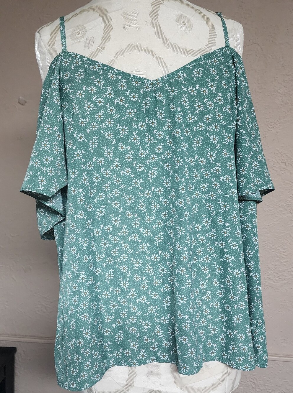 Off-Shoulder Floral Blouse in Teal Green- 1XL